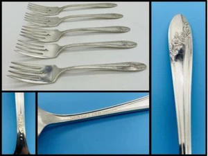 Set of 5 Queen Bess II Oneida Community Silverplate 6-1/2" Salad Forks Clover - Picture 1 of 5
