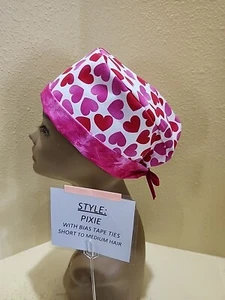 Hearts Pink/Red Pixie Skull Women's Surgical Scrub Hat/Cap Handmade - Picture 1 of 9