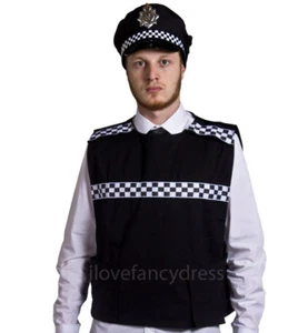 DISFRAZ DE POLICÍA ADULTO CHALECO APUÑALADA Y GORRA DE PANDA SOMBRERO VESTIDO ELEGANTE SWAT COBRE BRITÁNICO - Imagen 1 de 7