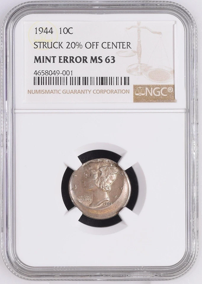 1944 10c Mercury Dime Struck 20% Off Center Mint Error NGC MS 63 - Image 1 of 4