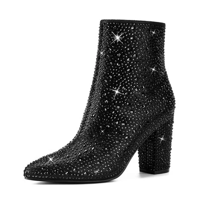 Botines SUEDI para mujer con estrás punta punta tacón bloque negros-US 8.5 Foto 1 de 4