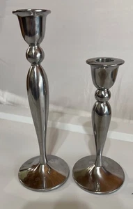 Pair Vintage Shiny Pewter Metal Candlestick Holders  9.5” & 7.5” tall VGC - Picture 1 of 10