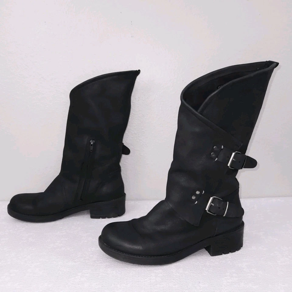 COOLWAY Alida Moto Boot Women 9 Black Mid-Calf Heeled Buckle Biker Anthropologie - Image 1 of 4