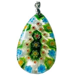 Millefiori Glas Träne Anhänger Floral blau grün gelb Blüten 18KGP Kaution - Bild 1 von 13