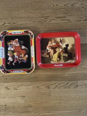 Two Vintage COKE Trays Coca-Cola Metal Tray Collector Item 1986 Santa Christmas - Image 1 of 4