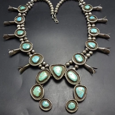 ANTIGUO COLLAR de plata esterlina AZUL-VERDE TURQUESA flor de calabaza peón vintage Foto 1 de 4