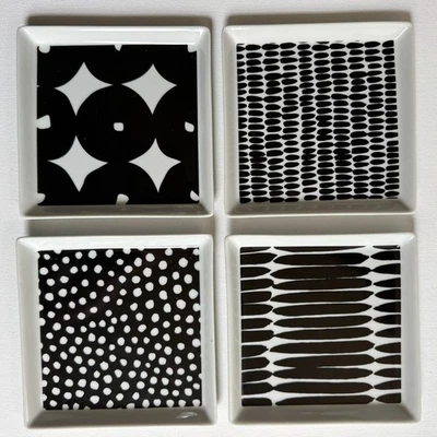 Crate & Barrel Appetizer Plates Set of 4 Black White Square Stoneware Geometric - Image 1 of 4