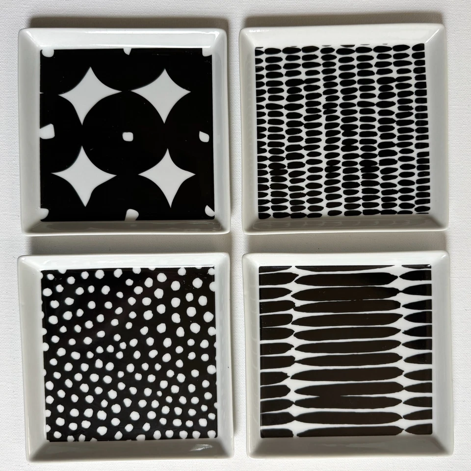 Crate & Barrel Appetizer Plates Set of 4 Black White Square Stoneware Geometric - Image 1 of 4