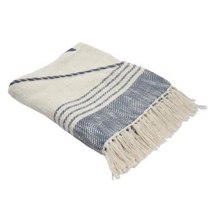Plaid In Cotone A Righe Blu E Bianco Sporco 60" X 50" Con Frange - Foto 1 di 1