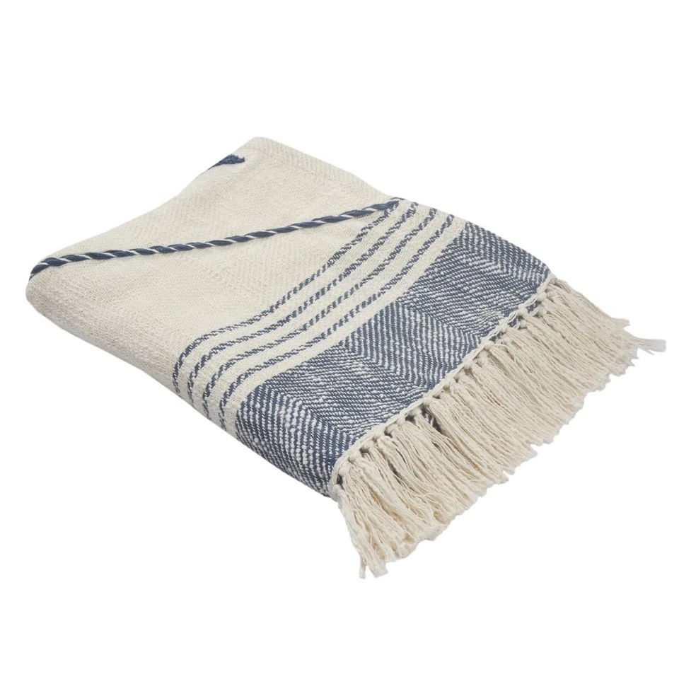 Plaid In Cotone A Righe Blu E Bianco Sporco 60" X 50" Con Frange - Immagine 1 di 1