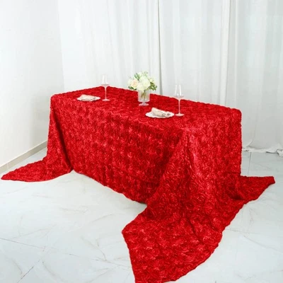 90x156 Red Satin Raised Rosettes Rectangle Tablecloth Wedding Party Dining Room - Image 1 of 4