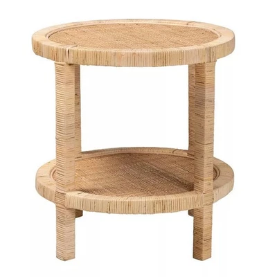 Baxton Studio Bella Brown Mahogany Wood and Natural Rattan 2-Tier End Table - Image 1 of 4