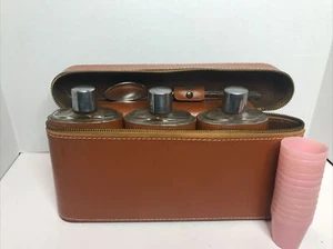 RARE MCM Elegant Dark Brown Vintage Leather Carrying Case 3 Glass Flasks 12 Shot - Picture 1 of 12