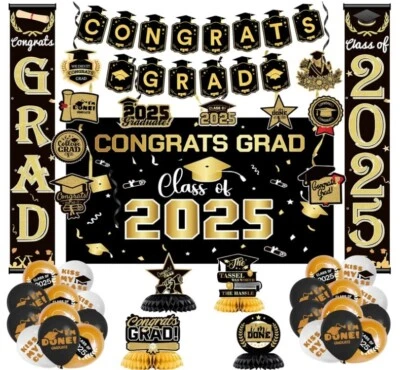 Graduation Decorations Class of 2025 - Black and Gold Graduation Party Decoratio - Image 1 of 4