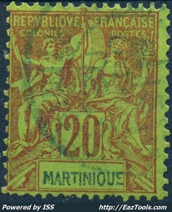 TIMBRE MARTINIQUE TYPE GROUPE 20c BRIQUE S VERT N° 37 AVEC OBLITERATION BLEUE - Picture 1 of 2
