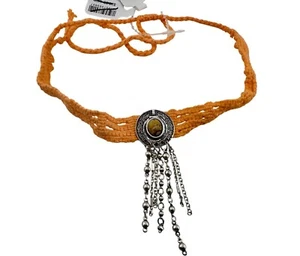 Free People Boho Crochet Choker Necklace With Silver Chains & Stone Pendant - Picture 1 of 4