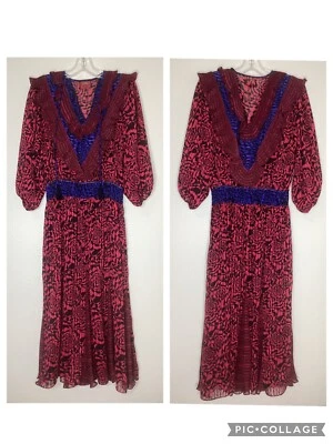 Vestido Lachine Vintage Midi Georgette Gasa Rojo Negro Azul Lg Foto 1 de 4