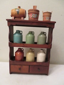 Vtg Primitive Wood Shelf w 3 Scandinavian Miniatures 6 Stoneware Jugs Provenance - Picture 1 of 12