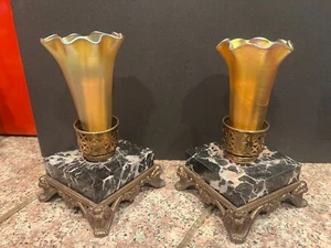 OLD BRASS MARBLE LAMP w/GOLD GLASS LILY SHADE, TIFFANY STYLE(1-2) - Picture 1 of 13