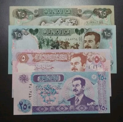 IRAQUE Era Saddam 4 Peças IRAQUIANO 5 25 250 DINARES NOTAS UNC 1982 1986 1992 2002 - Imagem 1 de 4