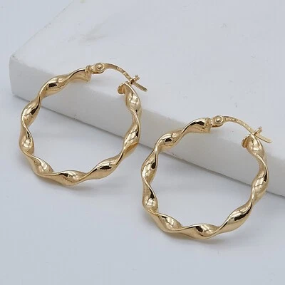 9ct Solid Yellow Gold 25mm Round Twisted Hoop Earring Brand New Gift Boxed Pair - Image 1 of 4