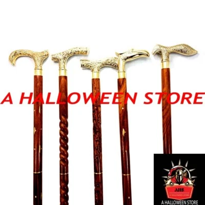 Juego de 5 bastones de madera Derby vintage tallados a mano con mango de latón Foto 1 de 4