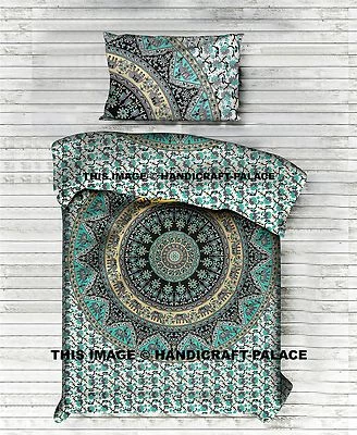 Elephant Mandala Cotton Tapestry Indian Green Bedsheet Twin Bedding Throw Decor Foto 1 de 2
