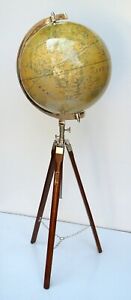 12'' Nautical World Map Globe Ornament With Floor Stand Wooden Tripod Decor