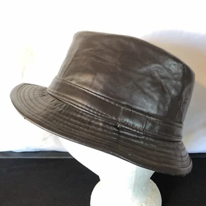 Pork Pie Hat Faux Leather Distressed Mens Medium Size 7 Pork Pie Fedora Hat - Picture 1 of 5