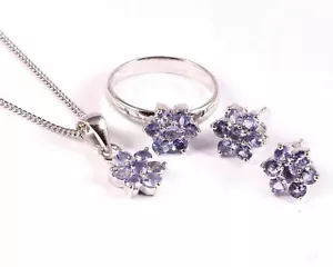 Set Gioielli Grappolo Fiori Tanzanite Naturale Dichiarazione Argento Sterling 925 Donna - Foto 1 di 4