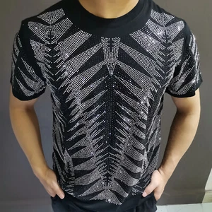Nuevo Hombre Lujo Diamante Estrás Moda Negro Camiseta Alta Calidad - Imagen 1 de 16