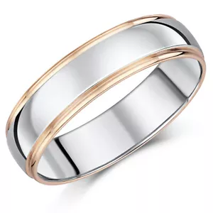 Anello nuziale argento sterling e oro rosa 9 carati 6 mm UK a forma di corte con marchio - Foto 1 di 4
