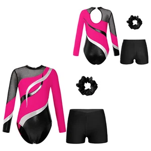 Kids Girls Leotard With Shorts Performance Bodysuit Hair Band Set Exercise - Picture 1 of 49