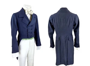 Blue Wool Regency Tailcoat - Bridgerton Inspired Double-Breasted Victorian Style - Picture 1 of 5