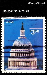 US 2001 SC 3472 $3.50 CÚPULA CAPITOL USADA SIN GOMA ROJA CANCELACIÓN MANUAL FINA/MUY FINA #9 - Imagen 1 de 2