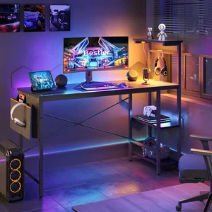 Gaming Desk with LED Lights, 51.3 Inch Computer Desk with 4 Tiers Reversible ... - Picture 1 of 9
