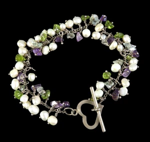 STERLING SILVER Beaded Dangles Bracelet WHITE PEARLS Amethyst & Peridot CLUSTER - Picture 1 of 5
