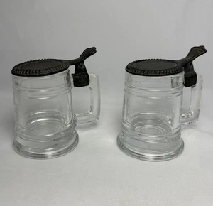 Mini Glass Stein Shot Glass Hinged Fort Pewter Lid Taiwan 2.5” Tall Vintage Pair - Picture 1 of 13