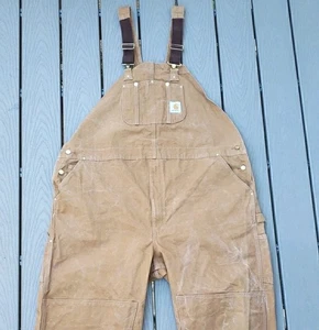 Vintage Carhartt Brown Canvas Bibs Overalls Unlined Double Knee SZ 52x30 R01 BRN - Picture 1 of 14