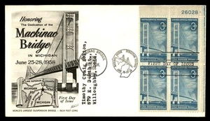 MayfairStamps US FDC 1958 Michigan Plate Block Mackinac Bridge Dedication First - Picture 1 of 2