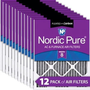 14x14x1 (13_3/4x13_3/4) Furnace Air Filters MERV 8 Pleated Plus Carbon 12 Pack - Picture 1 of 7