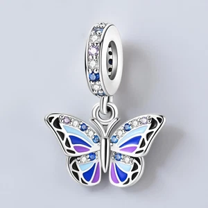 Blue and White Gem Butterfly Insect Charm 925 Sterling Silver Charm - Picture 1 of 1