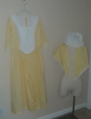 Handmade Yellow White Gingham Colonial Prairie Dress Shawl Hat Costume Size M - Image 1 of 4