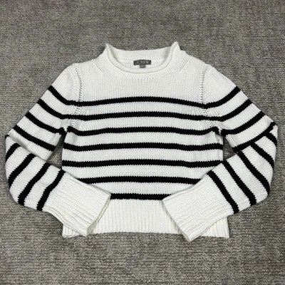 Suéter feminino J Crew pequeno patrimônio algodão gola redonda marfim preto CE486 - Imagem 1 de 4