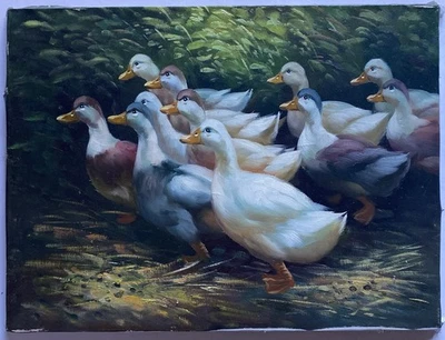 Vintage Original Landscape Oil Painting Ducks Mallards Birds Geese Goose Animals - Image 1 of 4
