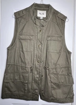 PER SE *NUEVO CON ETIQUETAS* Mujer’s XL Verde Oliva Utilitario Safari Sin Mangas Cremallera Chaleco Bolsillos Foto 1 de 4