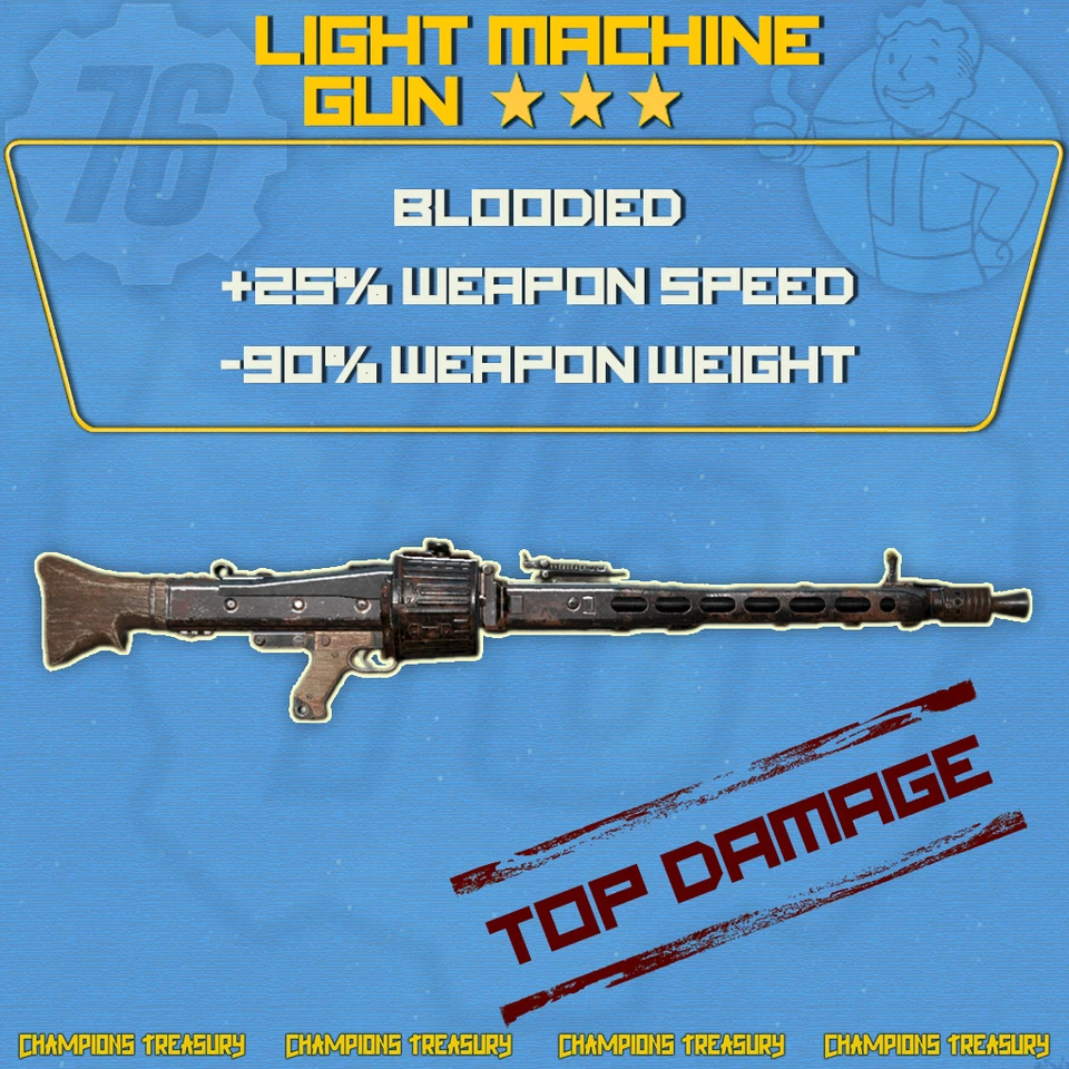 FALLOUT 76 [PC] BLOODIED +25% WEAPON SPEED [-90% WEIGHT] LIGHT MACHINE GUN TOP - Image 1 of 1