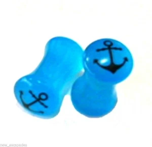 PAIR-Glow Anchor Blue Acrylic Double Flare Ear Plugs 05mm/4 Gauge  - Picture 1 of 4