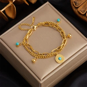 Women Turquoise Bead Dangle Gold Plated Stainless Steel Charm Bracelet Bangle - Picture 1 of 2