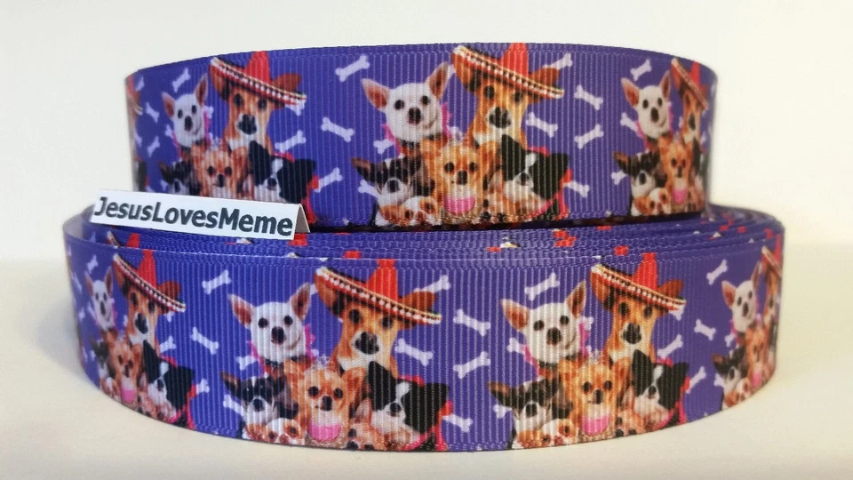 CLEARANCE Grosgrain Ribbon - 3 Yards $1.75 Chihuahua Dogs with Hats Dog Bones 1" - Image 1 of 1